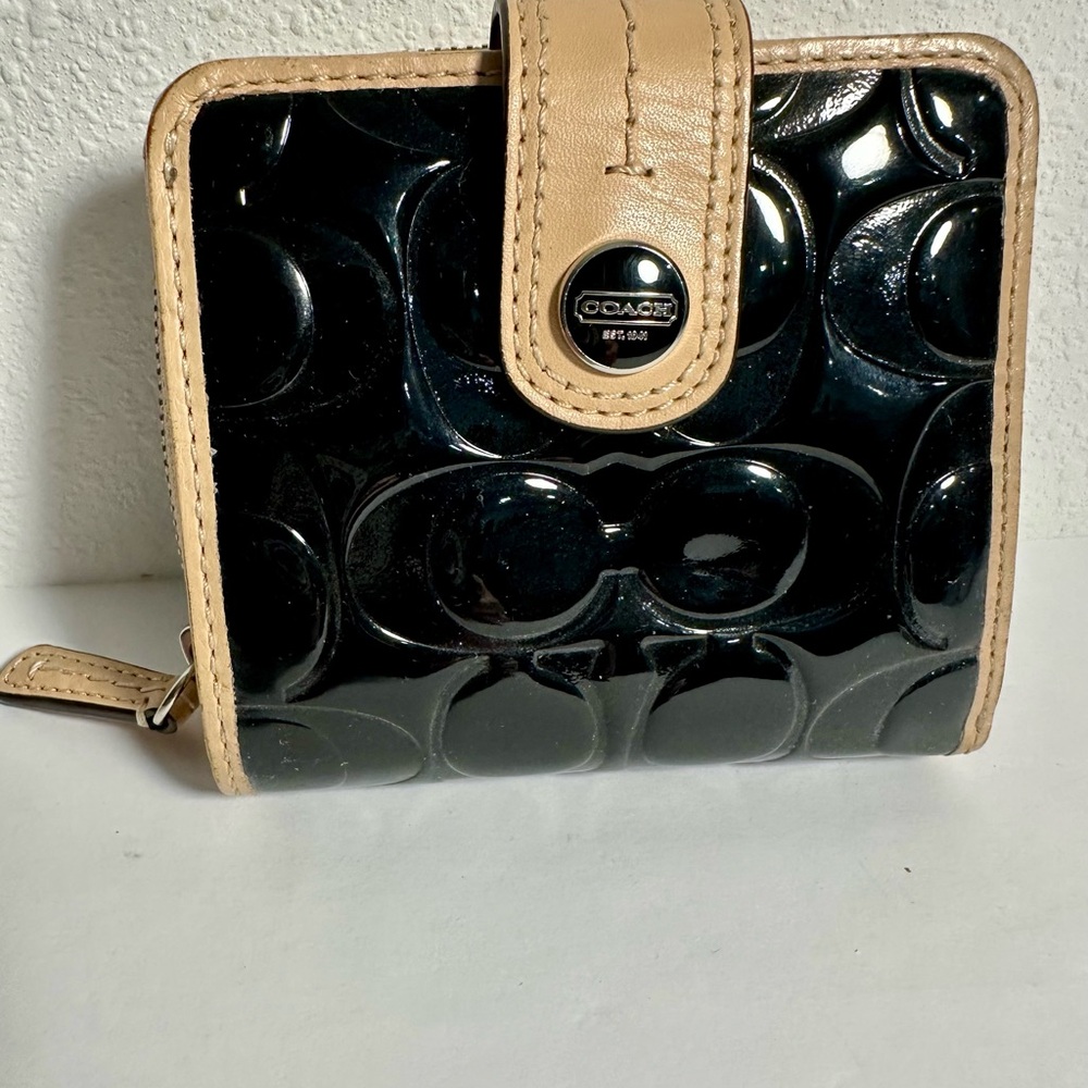 COACH Outlet: Black Embossed Patent Leather Bifold Wallet